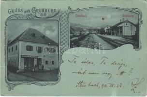 1901 Grünburg (Oberösterreich), Steinbach, K.K. Tabak Trafik, Bahnhof / railway station, shop of Leopold Glaser, tobacco shop. Art Nouveau (tear)
