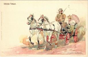 Wiener Fiaker / Austrian folklore, Viennese fiacre, horse-drawn carriage. E. Nister Lith. Veltens Künstlerpostkarte No. 310. litho s: H. Junker
