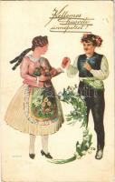 1940 Kellemes húsvéti ünnepeket! Magyar folklór művészlap / Hungarian folklore art postcard with Easter greetings s: Bernáth (EK)