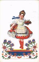 1939 Magyar folklór művészlap s: Bernáth, 1939 Hungarian folklore art postcard, lady with cherries s: Bernáth