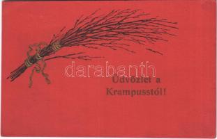Üdvözlet a Krampusstól / Krampus art postcard, birch. Emb. (EK)