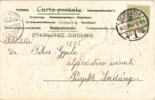 1902 Art Nouveau Emb. floral litho greeting card with angel and heart. Ser. 21. (apró lyuk / tiny pi...