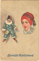 1931 Hartelijk Gefeliciteerd / Dutch greeting art postcard with clown s: Colombo (EB)