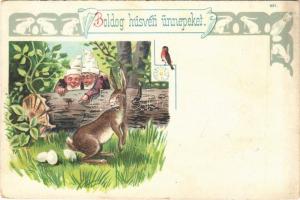 Boldog húsvéti ünnepeket / Easter greeting art postcard, dwarves with rabbit and eggs. Art Nouveau, litho (r)