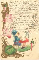 1904 Die besten Wünsche / Greeting card with dwarf and mushroom. Art Nouveau, Emb. litho (kis szakadás / small tear)