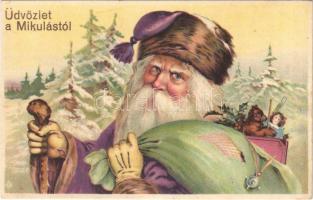 Üdvözlet a Mikulástól / Christmas greeting art postcard with Saint Nicholas and a bag of toys. litho (r)