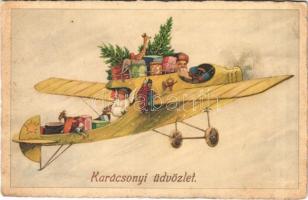 Karácsonyi üdvözlet / Christmas greeting art postcard, Saint Nicholas in an airplane with toys. Druck u. Verlag v. B. Dondorf No. 1087. (fl)