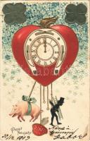 1903 Prosit Neujahr! / New Year greeting art postcard with pig, silk clovers, mushroom, heart, chimney sweeper, horseshoe, clock. Art Nouveau, floral, Emb. litho (EB)
