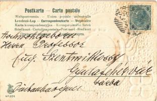 1903 Prosit Neujahr! / New Year greeting art postcard with pig, silk clovers, mushroom, heart, chimn...