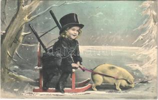 1908 New Year greeting card, Chimney sweeper with pig sled (EK)