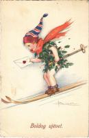 1928 Boldog Újévet! / New Year greeting art postcard, ski, winter sport. Degami 112. s: Busi (EK)