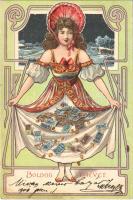 1900 Boldog Újévet! / New Year greeting art postcard, lady with banknotes. Art Nouveau, litho (fl)