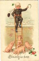 1931 Boldog Újévet! / New Year greeting art postcard, chimney sweeper boy with pigs, horseshoe, ladder, clovers and mushroom. Amag No. 2619. (lyukak / pinholes)