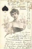 1902 The Queen of Spades. Lady art postcard, playing cards. Floral (EK)