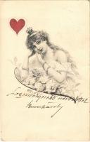 1901 The Queen of Hearts. Lady art postcard, playing cards. Floral (r)