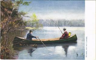 Hooked, but not landed Lady art postcard, fishing, romantic couple. Raphael Tuck & Sons Oilette Wide-Wide-World Series In the Adirondacks Postcard 7044.
