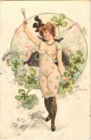 1901 Boldog Újévet! / New Year greeting art postcard, gently erotic lady with champagne and clovers. litho s: R. Kratki (felületi sérülés / surface damage)