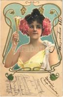 1900 Boldog Újévet! / New Year greeting art postcard, Art Nouveau lady with champagne. litho (kis szakadás / small tear)