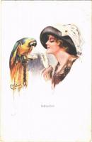 1914 Instruction. Lady art postcard, parrot. WSSB. 1229. s: Court Barber