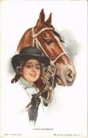 Thoroughbreds. Lady art postcard, lady with horse. Reinthal & Newman s: Harrison Fisher (EK)