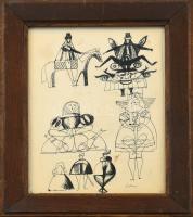 Schéner Mihály (1923-2009): Vázlatok. Golyóstoll, papír, jelzett. Schéner Mihály vázlatkönyvéből Lap...