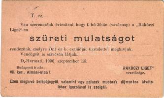 1906 Dunaharaszti, Rákócziliget; Szüreti mulatság meghívó Rákóczi Liget vezetősége (EK)