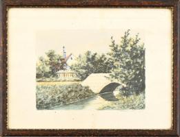 Mindszenthy jelzéssel: Híd a folyó felett, 1931. Akvarell, papír. Kissé foltos. Üvegezett, kissé kopott régi fa keretben, hátoldalán Dragita Antal pécsi képkeretező címkéjével. 15,5×21 cm