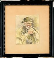 Kovács Antal (?-?): Juhász, 1934. Akvarell, ceruza, papír, jelzett, kartonra kasírozva. Üvegezett sérült fa keretben, 21×16,5 cm