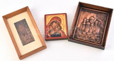 3 db vallási témájú falikép: templomokat ábrázoló réz plakettek, festett fa szentkép, kopásnyomokkal