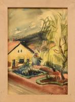 Keller Lívia (1918-2005): Udvar, 1943. Akvarell, papír, jelzett. Plexiüvegezett fa keretben, 30×21 cm