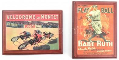 2 db fali dísztárgy, fa, kasírozott képpel. (baseball, velodrome verseny) kopott. 21x16 cm