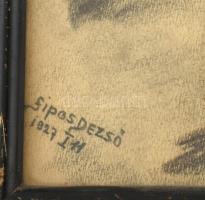 Sipos Dezső (?-?): Hajótörött, 1927. Ceruza, papír, jelzett. Régi, üvegezett, kopott fa keretben, 36...