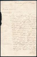 1851 Deák Ferenc (1803-1876) államférfi, miniszter autográf levele Kehidai birtokáról Bécsbe. A címzett Kis(s) Lajos hivatalnok, aki korábban a Helytartótanácsnál, majd 1848-ban a Deák által vezetett igazságügyminisztériumban osztálytanácsos. A levélben személyes ügyekről nyilatkozik, hiányolja zsebóráját, melynek híján nem tudja a pontos időt, és kéri, hogy küldje el neki valamint szemére veti, hogy nem válaszolt. Korábban küldetett vele szecskavágót és camera obscurát, de fél, hogy megbízásai terhére vannak. Hű barátod, Deák aláírással. Két beírt oldal, bélyeggel, kis hiánnyal.  Deák a szabadságharc leverése után sértetlenül távozhatott és háborítatlanul élhetett Kehidai birtokán, visszavonultságban, passzív ellenállásban.