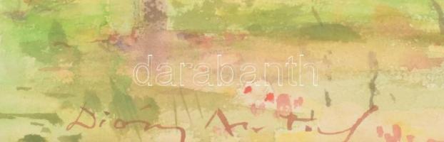 Diósy Antal (1895-1977): Kertben. Akvarell, papír, jelzett. Díszes, üvegezett fa keretben, 26×36 cm