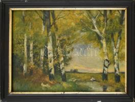 Kasznár Ring Jenő (1875-1945): Gólya a nyírfák közt. Olaj, karton, jelzett, üvegezett fa keretben, 3...