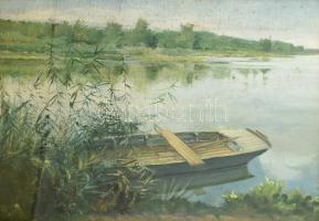 Olvashatatlan (Boldizsár?) jelzéssel: Csónak a folyó partján. Olaj, karton. Dekoratív, javított üvegezett fa keretben, 40×50 cm