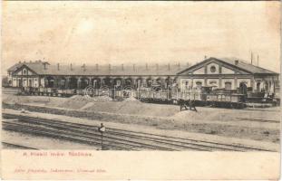 1907 Piski, Simeria; MÁV vasútállomás fűtőháza, vagonok. Adler fényirda / railway station, wagons, heating house (r)