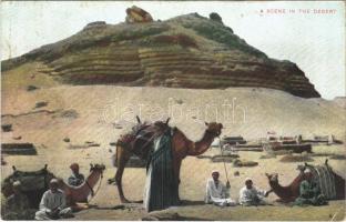 A scene in the desert. Egyptian folklore, camels, Egyiptomi folklór, tevék