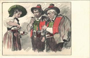 German folklore art postcard, men smoking and drinking s: R. Mahn (EK)
