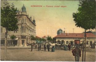 1913 Komárom, Komárnó; Ferenc József rakpart, Sport kávéház, Fritz P. üzlete, beszálló. Hátoldalon a levélíró hölgy fotója / quay, cafe, shops. Photo of the lady who wrote the letter on the backside (fl)