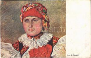 1926 Czech folklore, lady in traditional costume s: Frantisek Sindelár, 1926 Cseh folklór, hölgy népikosztümben s: Frantisek Sindelár