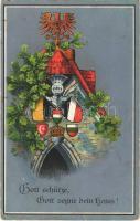 1916 Gott schütze, Gott segne dein Haus! / WWI Austro-Hungarian K.u.K. military art postcard, Central Powers propaganda with coats of arms. Wenau-Postkarte No. 561. (r)