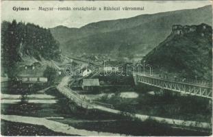 Gyimes, Ghimes; Magyar-román országhatár a Rákóczi várrommal, vasúti híd / castle ruin, Hungarian-Ropmanian border, railway bridge