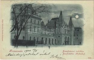 1900 Temesvár, Timisoara; Józsefvárosi indóház, vasútállomás este / railway station, night