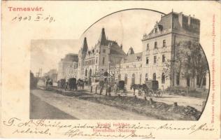 1903 Temesvár, Timisoara; Vasúti indóház, vasútállomás, hintók / railway station, chariots (EK)