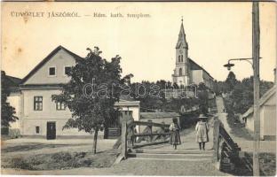 1913 Jászó, Jászóvár, Jasov; Római katolikus templom, híd, utca. Szily János kiadása / street, bridge, church