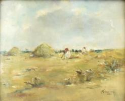 Olvashatatlan (Perlmutter?) jelzéssel: Földmunkások. Olaj, karton. Régi, üvegezett, sérült keretben....