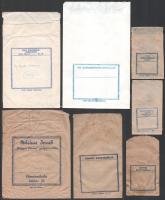 cca 1940-70 7 db gyógyszertári papír tasak: Márkus Dezső Magyar Korona gyógyszertára, Vámosmikola; Honvéd gyógyszertár (2 db; Kazay gyógyszertár, Fehérgyarmat (stb.). Részben kissé foltos. Különböző méretekben.