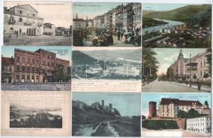 54 db RÉGI külföldi város képeslap vegyes minőségben: lengyel, osztrák, görög, német + Trébizonde kinyitható panorámalap / 54 pre-1945 European town-view postcards in mixed quality: Polish, Austrian, Greek, German + Trébizonde folding panoramacard