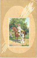 1911 Children art postcard, horse riding. Meissner &amp; Buch Künstler-Postkarten Serie 1745. "Kindlicher Frohsinn" litho, 1911 Gyermek művészlap, gyerekek lóval. Meissner &amp; Buch Künstler-Postkarten Serie 1745. "Kindlicher Frohsinn" litho